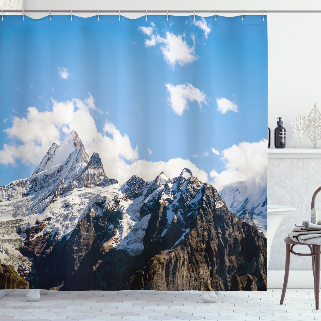 Ambesonne Mountain Shower Curtain, Snowy Mountain Scenery in The Summertime Cloudy Sky Natural Beauty Pattern, Cloth Fabric Bathroom Decor Set with Hooks, 69" W x 70" L, White Blue